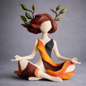 Può includere: Scultura artigianale di una figura in posa yoga seduta. La figura ha un corpo color crema, con un abito drappeggiato nero e arancione. I capelli sono castani e la testa è adornata da foglie verdi. La scultura è su uno sfondo grigio.