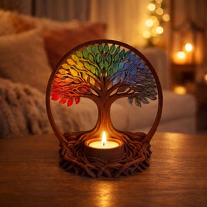 Peut inclure: Un bougeoir en bois en forme d'arbre avec un auvent aux couleurs de l'arc-en-ciel. Le tronc de l'arbre contient une bougie chauffe-plat allumée. Le bougeoir est posé sur une surface en bois, avec un arrière-plan flou.