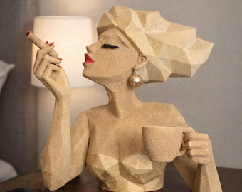 Unique Modern Artistic Woman Sculpture, Enjoying Coffee and Cigar