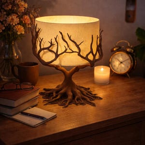 May include: A distinctive table lamp with a tree motif. The lamp has a brown, tree-shaped base with visible roots and branches supporting a beige lampshade. A candle, books, and a clock are on the wooden table.
