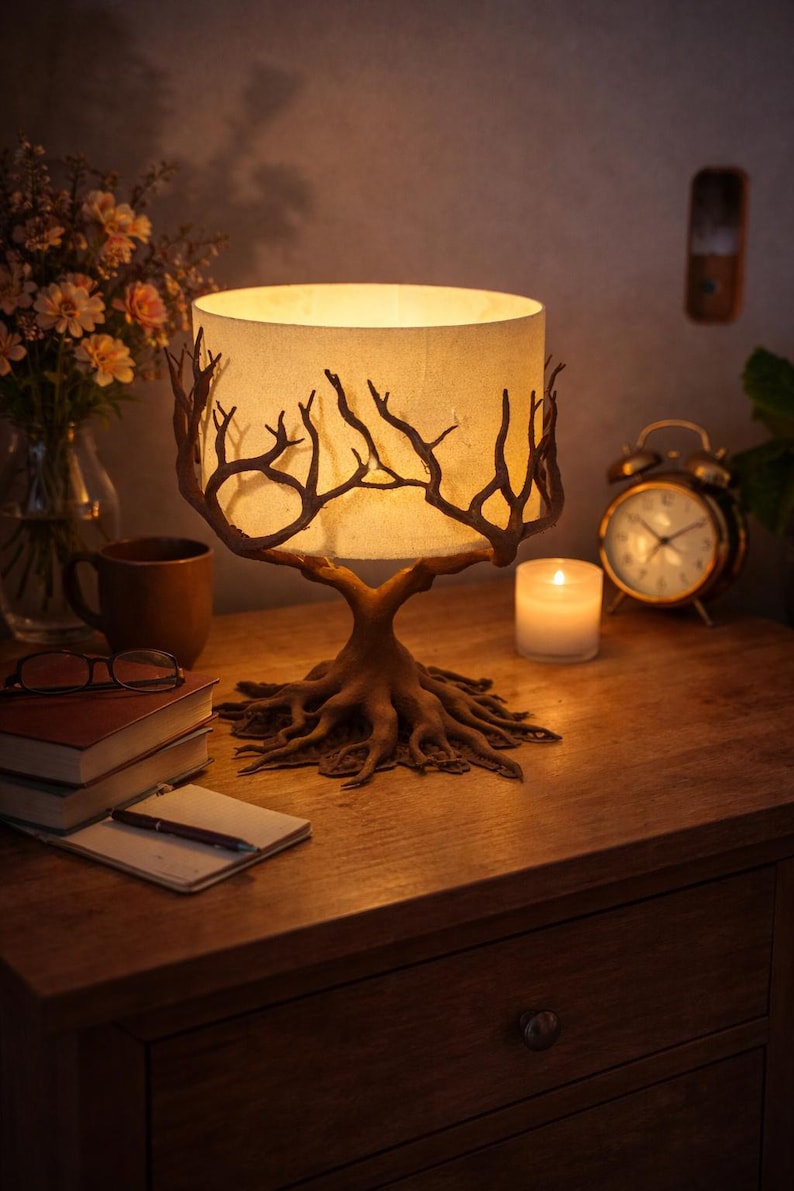 May include: A distinctive table lamp with a tree motif. The lamp has a brown, tree-shaped base with visible roots and branches supporting a beige lampshade. A candle, books, and a clock are on the wooden table.
