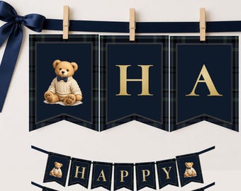 Polo Teddy Bear Happy Birthday Banner, Navy Blue First Birthday Banner, Preppy Teddy Bear Birthday Banner, Editable Canva Template, Any Age