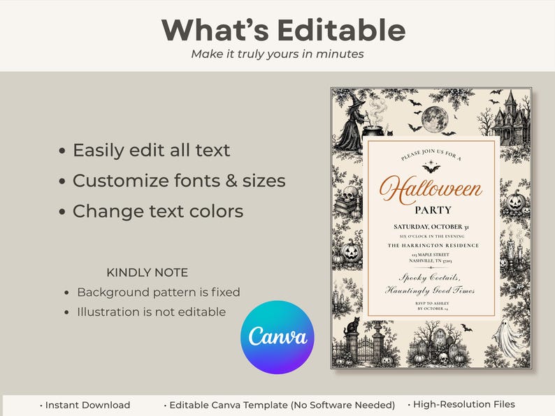 May include: An editable Halloween party invitation template featuring a black and white vintage-style border with illustrations of a witch, haunted house, pumpkins, skulls, and bats. The central text reads: Please join us for a Halloween party.