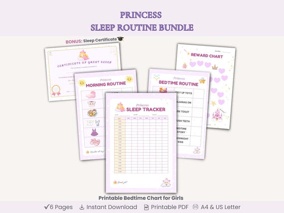 Princess Sleep Routine Chart for Kids, Toddler Morning & Bedtime Printable, Reward Chart, Visual Schedule