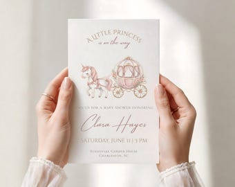 Baby Shower Invitation Girl Template, Pink Princess Baby Shower Invite, Editable Canva Invitation, Unicorn Carriage Baby Shower