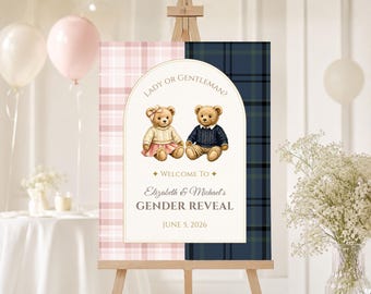 Preppy Teddy Bear Gender Reveal Welcome Sign, Polo Inspired Baby Shower Sign, Editable Canva Template