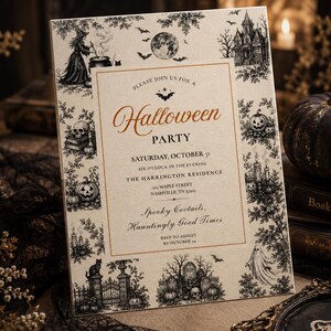 May include: A rectangular Halloween party invitation card with a cream background and black ink illustrations of a witch, haunted house, pumpkins, skulls, and ghosts. The text reads: Please join us for a Halloween Party, Saturday, October 31.