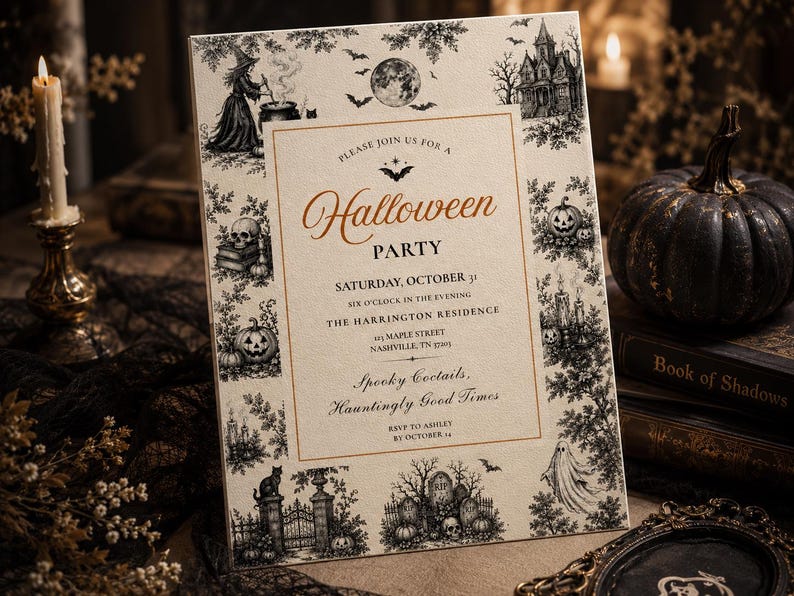 May include: A rectangular Halloween party invitation card with a cream background and black ink illustrations of a witch, haunted house, pumpkins, skulls, and ghosts. The text reads: Please join us for a Halloween Party, Saturday, October 31.