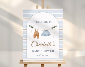Boy Baby Shower Welcome Sign Template, Neutral Blue Baby Shower Sign, Editable Canva Poster, Printable Welcome Board, Instant Download
