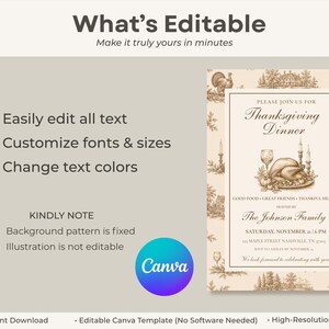 May include: A digital Thanksgiving dinner invitation template featuring a beige background with a brown toile-style border. The centre displays a roasted turkey illustration, text reading Please Join Us For Thanksgiving Dinner, and placeholders for event details.