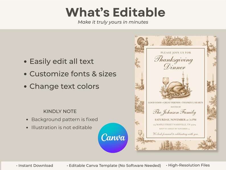 May include: A digital Thanksgiving dinner invitation template featuring a beige background with a brown toile-style border. The centre displays a roasted turkey illustration, text reading Please Join Us For Thanksgiving Dinner, and placeholders for event details.
