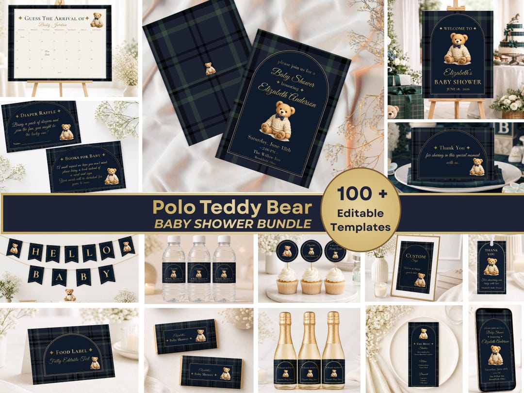 Polo Teddy Bear Baby Shower Bundle, Editable Baby Shower Template ...