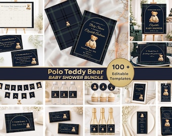 Polo Teddy Bear Baby Shower Bundle, Editable Baby Shower Template Bundle, Navy Blue Plaid Teddy Bear Baby Shower Decor, Instant Download