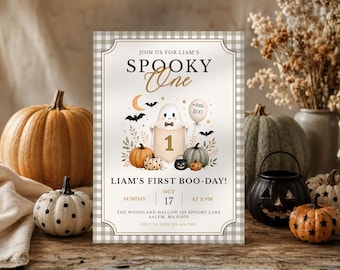Spooky One First Birthday Invitation Template, Ghost Boo Day Party Invite, Halloween 1st Birthday , Pumpkin Fall Birthday, Editable Canva