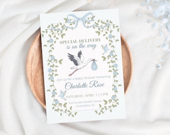 Blue Baby Shower Invitation, Blue Floral Baby Shower Invite, Editable Canva Template, Boy Baby Shower Invite, Instant Download, Stork Theme