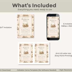 May include: A digital Thanksgiving dinner invitation template set featuring a 5x7 inch card, a 1080px by 1920px mobile e-invitation, and an A4 or US Letter size layout for home printing. The design includes brown illustrations on a cream background.