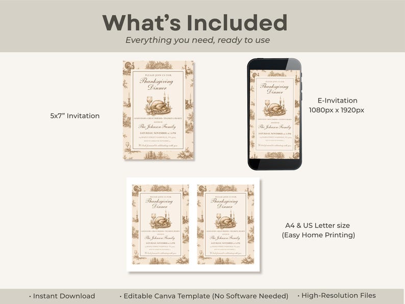 May include: A digital Thanksgiving dinner invitation template set featuring a 5x7 inch card, a 1080px by 1920px mobile e-invitation, and an A4 or US Letter size layout for home printing. The design includes brown illustrations on a cream background.