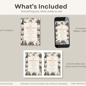 May include: A Halloween party invitation template set featuring a 5x7 inch physical card, a 1080px by 1920px e-invitation on a smartphone, and an A4 and US Letter size sheet for home printing, all displaying vintage-style black and white illustrations.