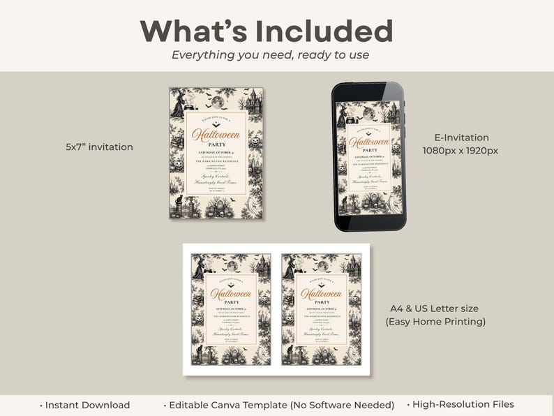 May include: A Halloween party invitation template set featuring a 5x7 inch physical card, a 1080px by 1920px e-invitation on a smartphone, and an A4 and US Letter size sheet for home printing, all displaying vintage-style black and white illustrations.