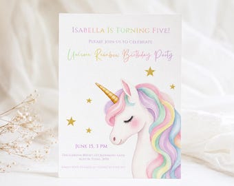 Unicorn Birthday Invitation Template, Rainbow Unicorn Party Invite, Editable Canva Invite, Girl Birthday Invitation, Pink Party