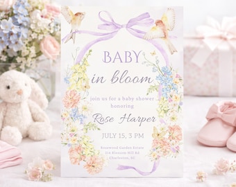 Baby in Bloom Baby Shower Invitation Template, Floral Spring Baby Shower Invite, Editable Girl Baby Shower Invite, Pastel Color Invitation