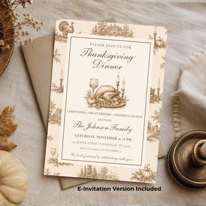 May include: A rectangular Thanksgiving dinner invitation card featuring a cream background with brown ink illustrations of a turkey, pumpkins, and landscape scenes. The text reads: Please join us for Thanksgiving Dinner, The Johnson Family, and details.