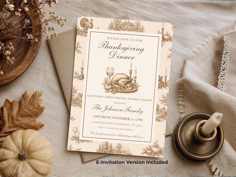 May include: A rectangular Thanksgiving dinner invitation card featuring a cream background with brown ink illustrations of a turkey, pumpkins, and landscape scenes. The text reads: Please join us for Thanksgiving Dinner, The Johnson Family, and details.