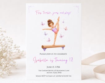 Girl Birthday Invitation, Gymnastics Party Invite, Editable Canva Template, Kids Birthday Invitation Girl, Pink Purple, Photo Invitation