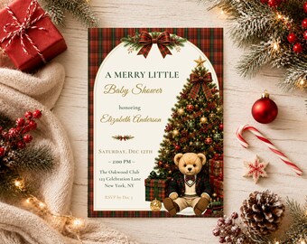 Polo Teddy Bear Christmas Baby Shower Invitation, Preppy Teddy Editable Canva Template, A Merry Little, Plaid Holiday Baby Shower Invite