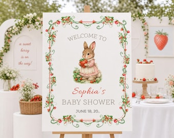 Strawberry Bunny Baby Shower Welcome Sign Template, Girl Baby Shower Welcome Poster, Editable Canva Sign, Berry Sweet Baby Shower Decor