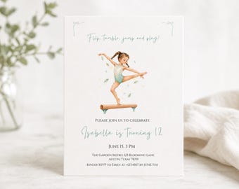 Gymnastics Birthday Invitation Template, Editable Canva Invite, Girl Gymnast Party, Sage Green Aesthetic, Printable