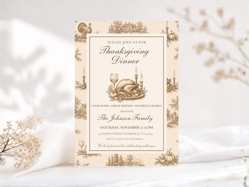May include: A rectangular Thanksgiving dinner invitation card with a cream background and brown ink illustrations. The border features a toile pattern of turkeys, pumpkins, and houses. The centre displays a roasted turkey, wine glass, and candles.
