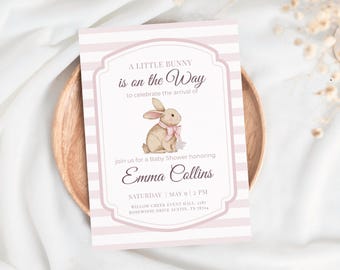 Pink Bunny Baby Shower Invitation Template, Girl Baby Shower Invite, Rabbit Baby Shower Invitation,  Editable Canva Template