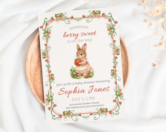 Rabbit Baby Shower Invitation Template, Bunny Baby Shower Invite, Strawberry Girl Baby Shower, Editable Canva, Printable
