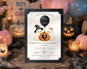 Halloween Gender Reveal Invitation, Little Boo Baby Shower Invite, Spooky Gender Reveal Party, Boy or Girl Editable Canva Template