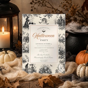 May include: A rectangular Halloween party invitation card featuring a cream background with a black and white border of illustrations including a witch, a haunted house, pumpkins, and a full moon, with text in black and copper orange ink.
