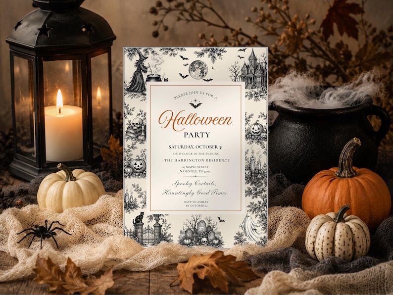 May include: A rectangular Halloween party invitation card featuring a cream background with a black and white border of illustrations including a witch, a haunted house, pumpkins, and a full moon, with text in black and copper orange ink.