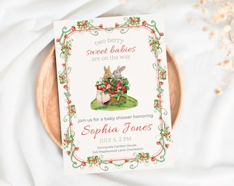 Twin Baby Shower Invitation Girl, Two Berry Sweet Babies on the Way, Strawberry Bunny Invite, Editable Canva Template, Instant Download