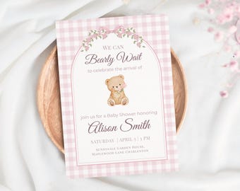 Teddy Bear Baby Shower Invitation Girl, Pink Gingham Baby Shower Invite, Editable Canva Template, Printable Baby Shower, Instant Download