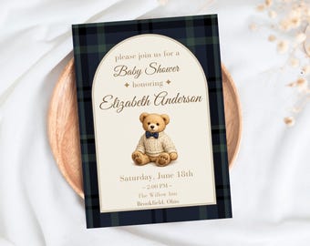 Preppy Polo Teddy Bear Baby Shower Invitation, Vintage Navy Plaid Baby Shower Invite, Editable Canva Template Download