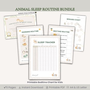 Animal Theme Kids Sleep Routine Bundle | Toddler Bedtime & Morning Chart, Sleep Tracker, Reward Chart | Safari Printable