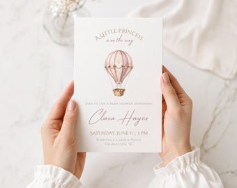 Vintage Hot Air Balloon Baby Shower Invitation Template, Neutral Baby Shower Invite, Editable Canva, Pink Baby Shower, Instant Download