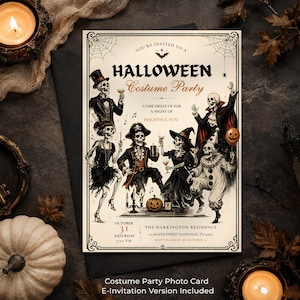 May include: A rectangular Halloween costume party invitation card featuring illustrations of skeletons dressed as a vampire, pirate, witch, and clown. The text reads YOU'RE INVITED TO A HALLOWEEN Costume Party, COME DRESS UP FOR A NIGHT OF FRIGHTFUL FUN, OCTOBER 31, THE HARRINGTON RESIDENCE.