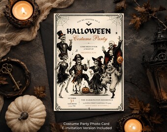 Halloween Party Invitation Template, Costume Party Invite, Vintage Skeleton Invitation, Halloween Invite, Editable Canva Template
