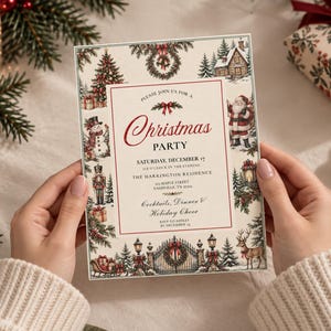 May include: A rectangular Christmas party invitation card featuring a cream background with a red border. The design includes illustrations of Santa, a snowman, a nutcracker, a reindeer, and a winter landscape. The text reads: Please join us for a Christmas Party, Saturday, December 17, six o'clock in the evening, The Harrington Residence, 403 Maple Street, Nashville, TN 37203, Cocktails, Dinner & Holiday Cheer, RSVP to Ashley by December 10.