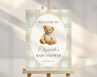 Polo Teddy Bear Baby Shower Welcome Sign, Green Plaid Baby Shower Sign, Editable Canva Template, Preppy Baby Shower Decor, Printable