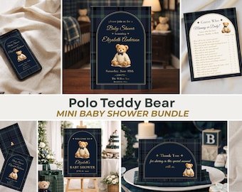 Polo Teddy Bear Baby Shower Bundle | Navy Green Plaid Baby Shower Kit | Editable Canva Template | Luxury Boy Baby Shower