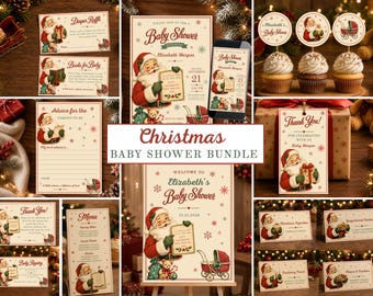 Christmas Baby Shower Bundle, Vintage Santa Baby Shower Invitation, Winter Baby Shower, Holiday Baby Shower Set, Printable