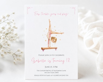 Gymnastics Birthday Invitation for Girls, Editable Canva Template, Gymnast Party Invite, Pink Ballerina Gymnast, Instant Download