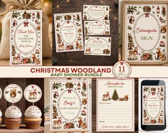 Christmas Woodland Baby Shower Bundle, Woodland Invitation Template, Winter Baby Shower Decor, Forest Animals, Editable Canva